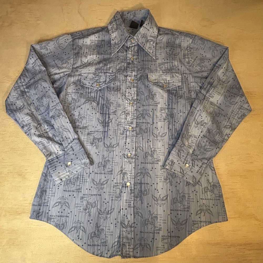 Hands Off Mens Vintage Sears Long Sleeve Pearl Snap Shirt L Blue All Over Print - Picture 2 of 10
